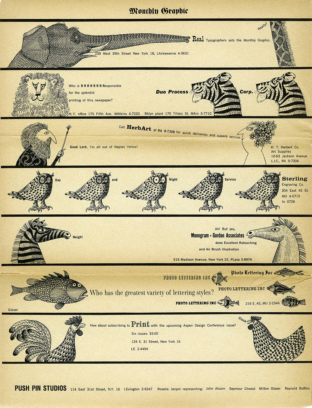 Pen and ink drawings of animals to promote printers' services